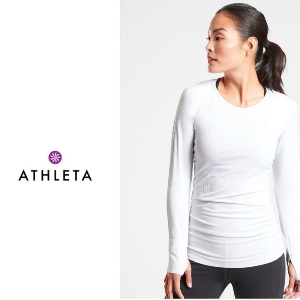 ATHLETA Speedlight Long Sleeve White Ruched Sides Thumb Holes Activewear Shirt